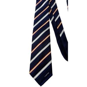 LANVIN New York Paris Navy Blue Striped Necktie‎ Logo  Woven Silk 56"L 3"W
